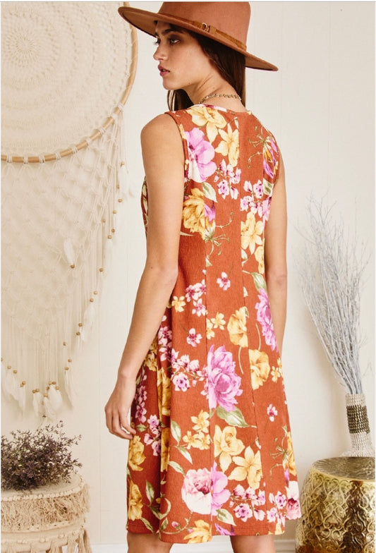 summer dress, cute, orange, flowers, flowered dress, women's clothing, the bellflower boutique