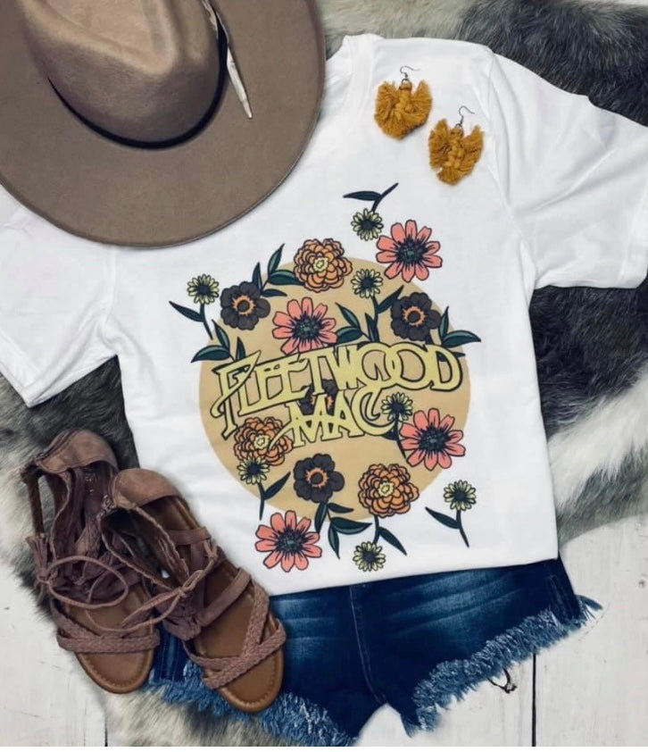 fleetwood mac, tshirt, women's tshirt, graphic tee, t-shirt, concert tee, flat lay, flowers, white, the bellflower boutique, women's tops, women's shirts