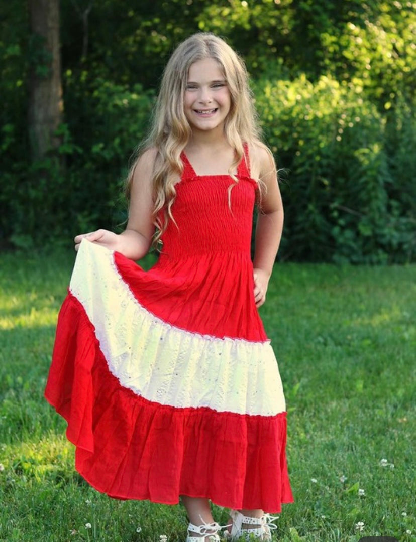 Girls Retro Red Cotton Maxi