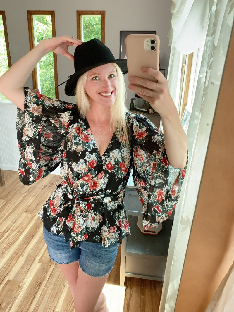 blouse, top, criss cross front, casual top, women's top, women's clothing, floral top, flower top, casual shirt, the bellflower boutique, kristy