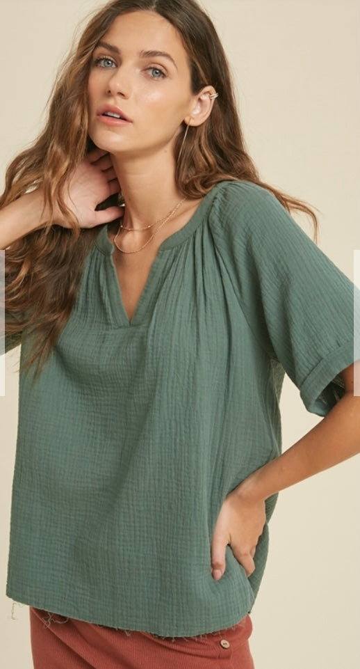 green, top, women's top, v-neck, gauze, cotton, women's clothing, the bellflower boutique, loose, lightweight, spring top, summer