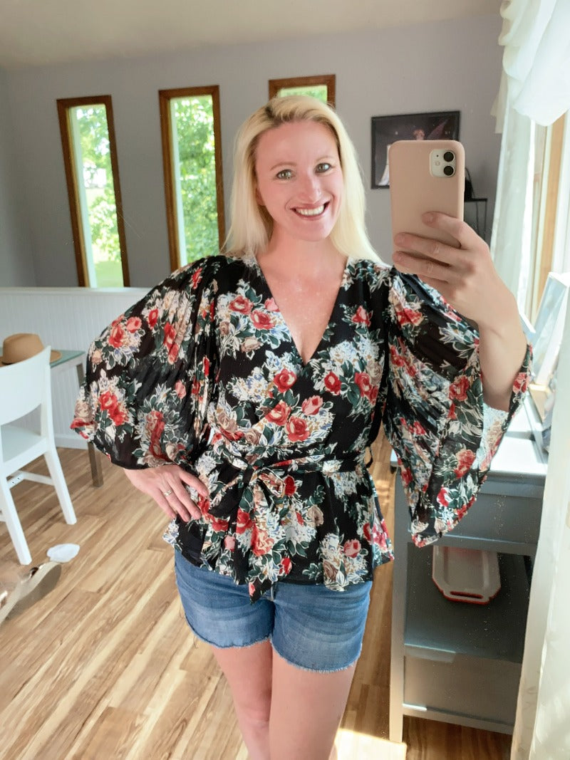 blouse, top, criss cross front, casual top, women's top, women's clothing, floral top, flower top, casual shirt, the bellflower boutique, kristy