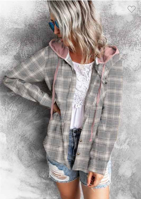 Plaid Hooded Flannel in Soft Pink