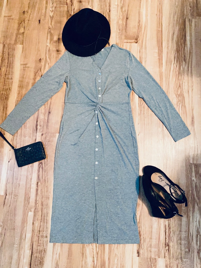 grey, the bellflower boutique, tight dress, buttons, twist front, dress, long-sleeve, lightweight, spring dress, summer dress