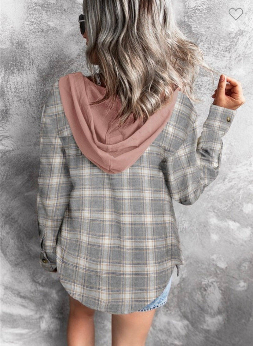 Plaid Hooded Flannel in Soft Pink