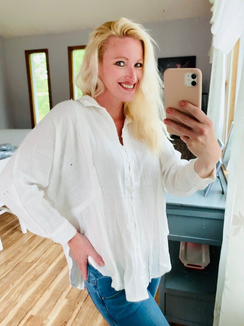 white top, white blouse, women's clothing, women's tops, shirts and tops, apparel, flowy, beach tops, spring tops, the bellflower boutique, kristy