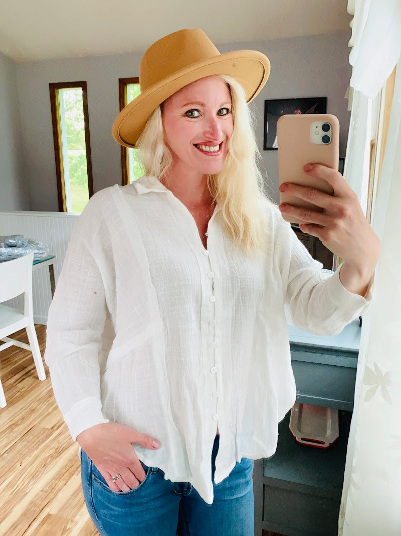 white top, white blouse, women's clothing, women's tops, shirts and tops, apparel, flowy, beach tops, spring tops, the bellflower boutique, kristy